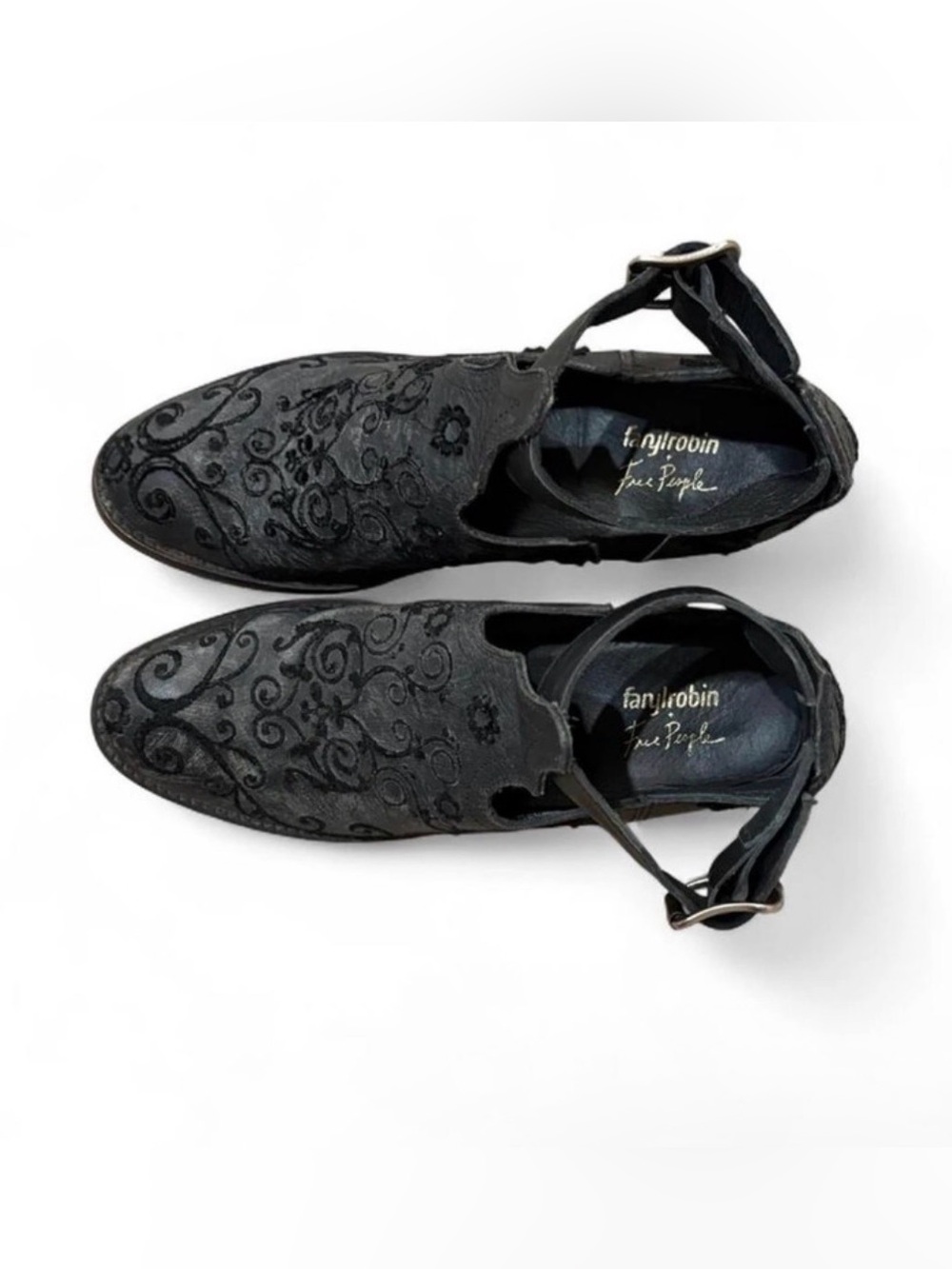 Free People x Farylrobin Lina Ankle Leather Booties Embroidered Black Sz 7 - Picture 5 of 8